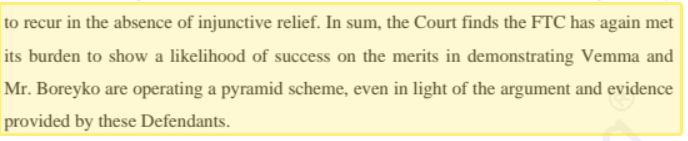 Courts ruled Vemma as pyramid scheme