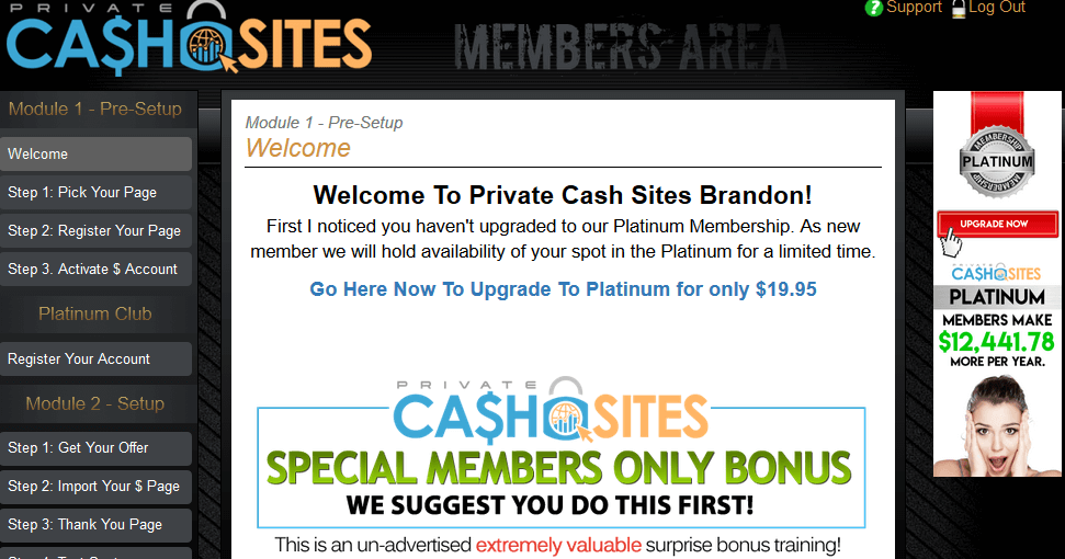 Inside Private Cash Sites Member's Area