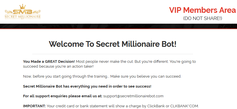 Inside Secret Millionaire Bot's Members Area